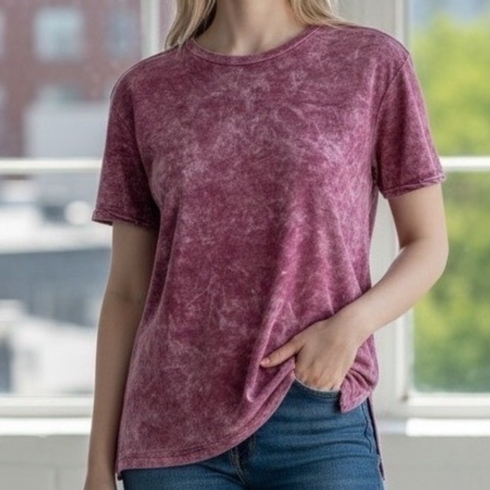 ✨Green Tea Womens Mauve Pink Crush Velour‎ Tunic Shirt Short Sleeve Raw Hem M